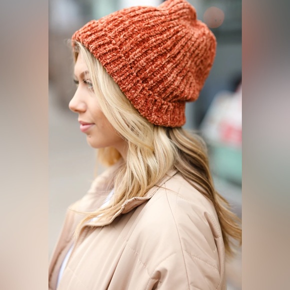 Rust Knit Velvet Chenille Fold Over Beanie - Picture 10 of 10